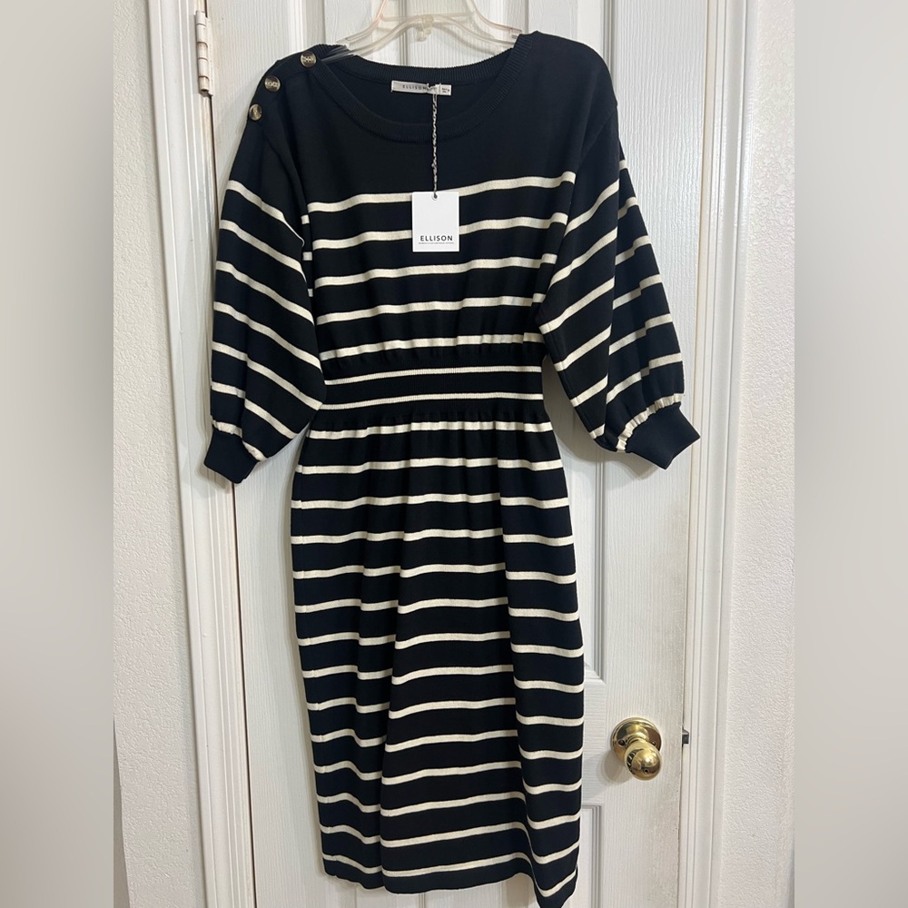 NWT Ellison Black and Cream Striped Sweater Dress size M